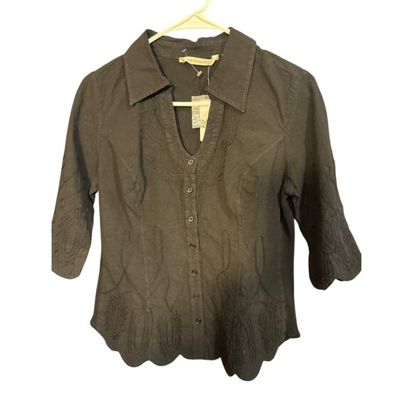 Soft Surroundings NWT Petite Small Embroidered Black Button-Up Blouse With Scall - Picture 1 of 7